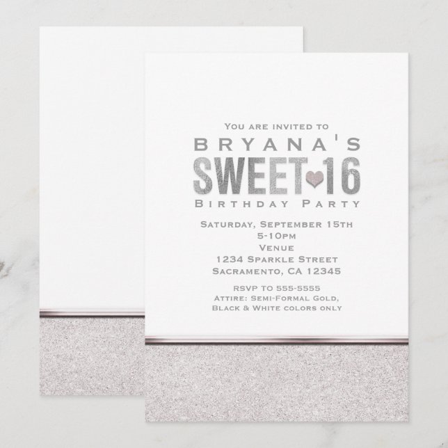 SWEET 16 Silver Sparkle Glam Party Einladungen (Vorne/Hinten)