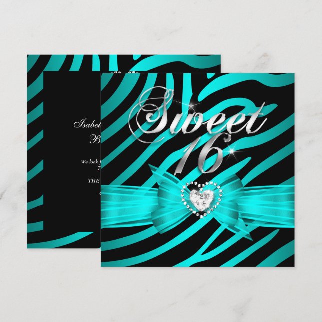 Sweet 16 Sixteen Aqua Blue Black Zebra 2 Einladung (Vorne/Hinten)