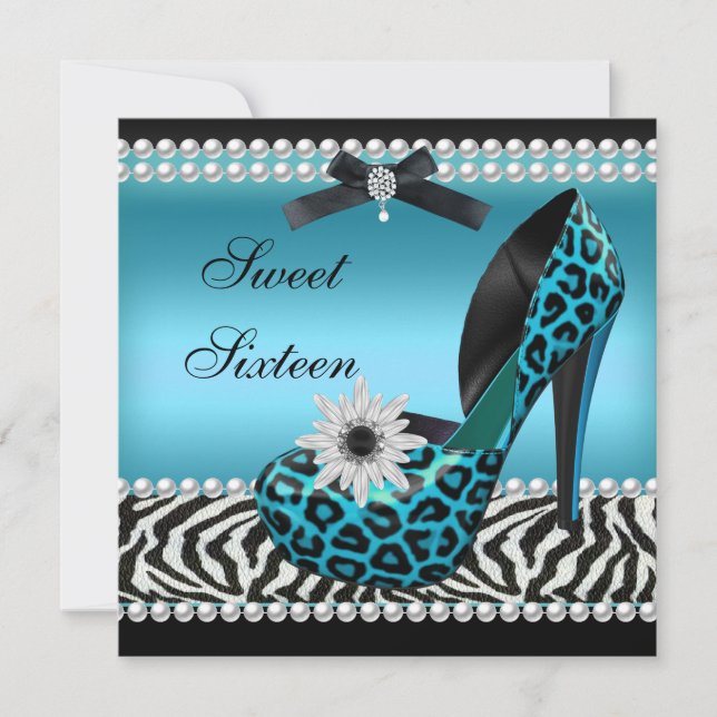 Sweet 16 Sixteen Blue Zebra Leopard Einladung (Vorderseite)
