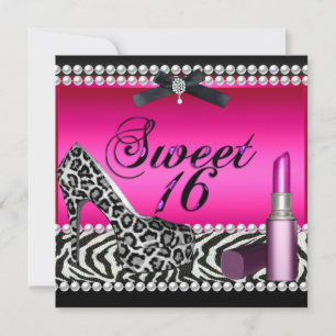 Sweet 16 Sixteen Hot Pink Lippenstift Zebra Leopar Einladung