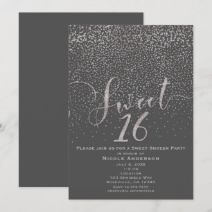 SWEET 16 Sixteen Moderne Silber-Graue Konfetti Einladung
