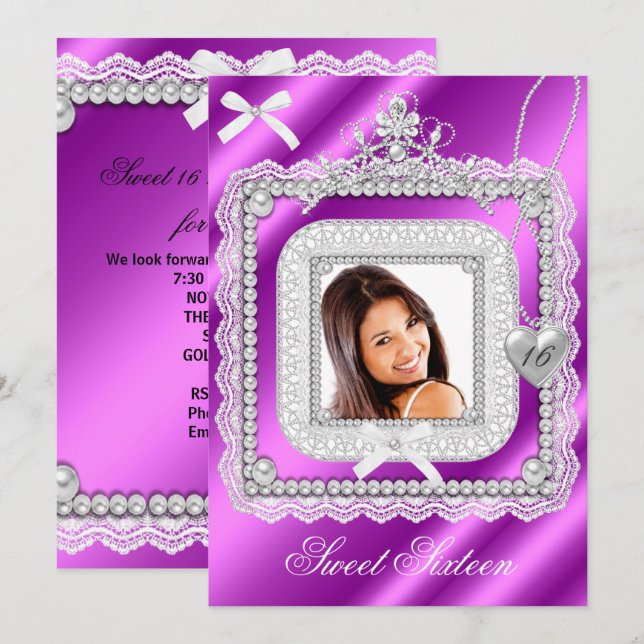 Sweet 16 Sixteen Pink Lila Lace Pearl Foto 2 Einladung (Vorne/Hinten)