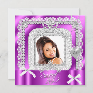 Sweet 16 Sixteen Pink Lila Lace Pearl Foto Einladung