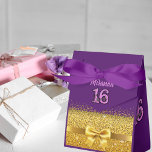 Sweet 16 sixteen purple gold name Thank You Geschenkschachtel<br><div class="desc">An elegant and glamorous sweet 16,  sixteen birthday favor box. Purple and golden sparkle backdrop with a faux gold ribbon and bow. With the text: Sweet 16 (x3)Template for the birthday girl's name.  Pink colored letters.
Back: the text: Thank You.</div>