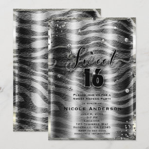 SWEET 16 Sixteen Schwarz Weiß Zebra & Silber Bling Einladung