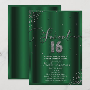 SWEET 16 Sixteen Smaragd- und Silber-Konfetti-Ecke Einladung