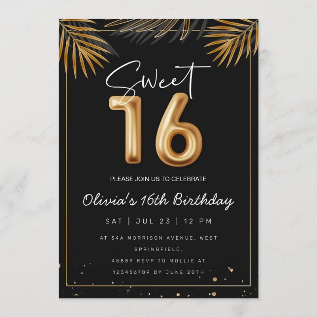 Sweet 16 Sixteenth With Golden Tropical Leaves Einladung (Vorderseite)
