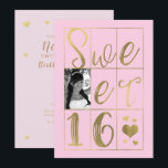 SWEET 16 SIXZEHEN Gold & Blush Pink Hearts Foto Einladung<br><div class="desc">Anpassen durch Hinzufügen von Foto und Text</div>