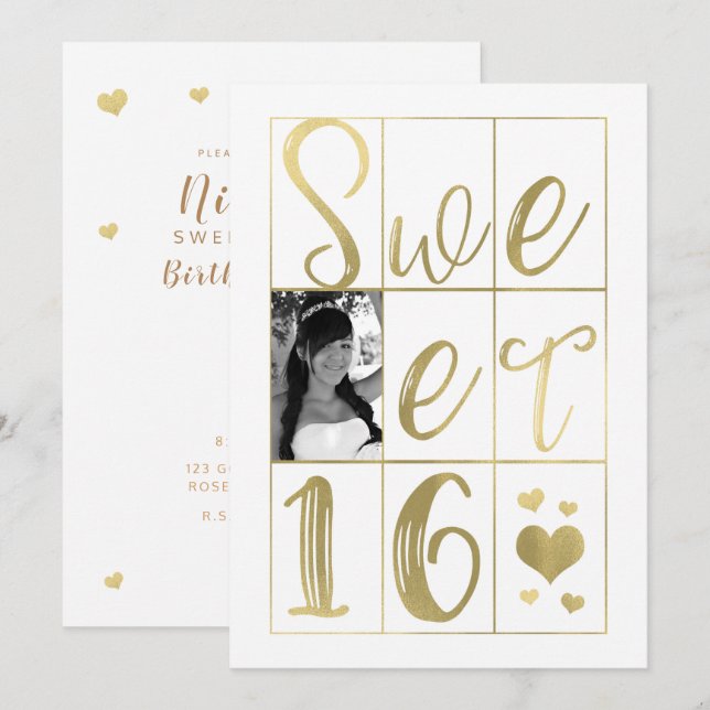 SWEET 16 SIXZEHEN Gold & White Hearts Foto Einladung (Vorne/Hinten)