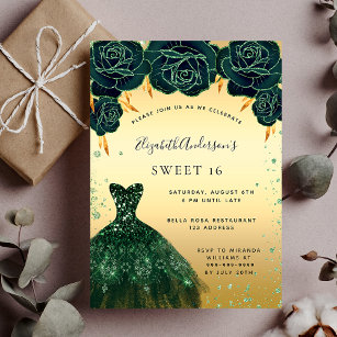 Sweet 16 Smaragdgrün goldenes Kleid floral Einladung