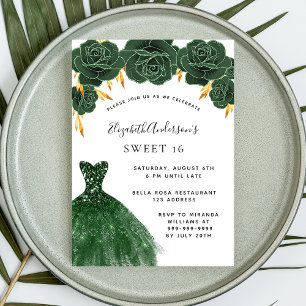 Sweet 16 Smaragdgrün goldenes Kleid floral Einladungspostkarte