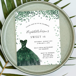 Sweet 16 Smaragdgrün Kleid Glitzer glamourös Einladungspostkarte