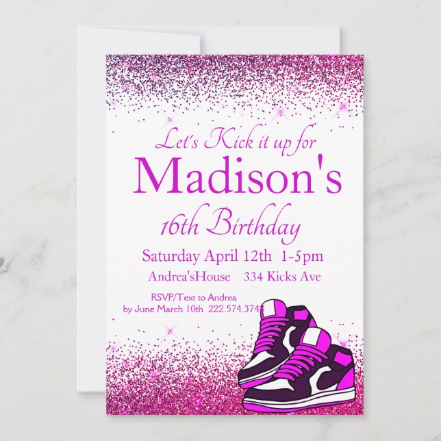 Sweet 16, Sneaker Birthday, Lila Glitzer Einladung (Vorderseite)