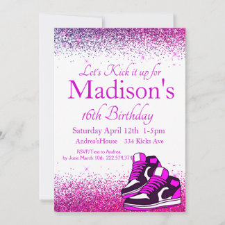 Sweet 16, Sneaker Birthday, Lila Glitzer Einladung