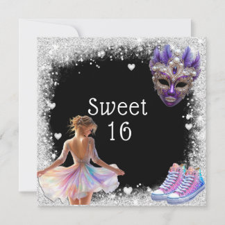 Sweet 16 Sneakers Silver Glitzer Mardi Gras Einladung