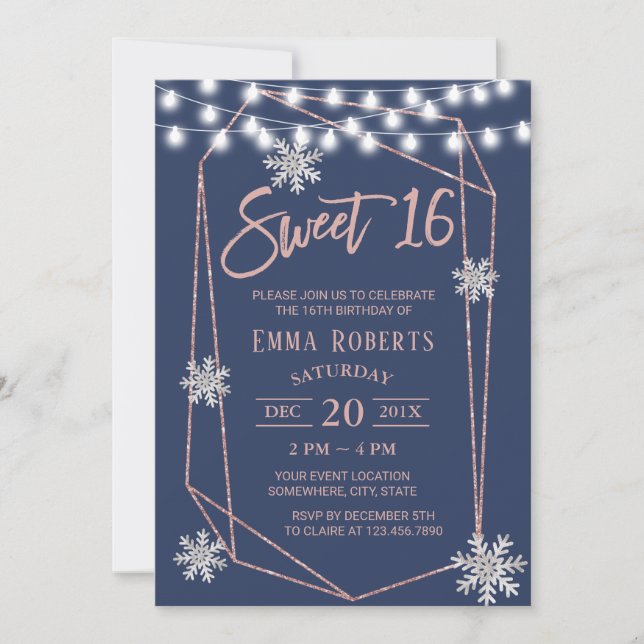 Sweet 16 Snowflakes Geometrische Rose Gold Navy Bl Einladung (Vorderseite)