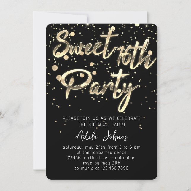 Sweet 16. Sofort Download Black Gold Confetti Einladung (Vorderseite)