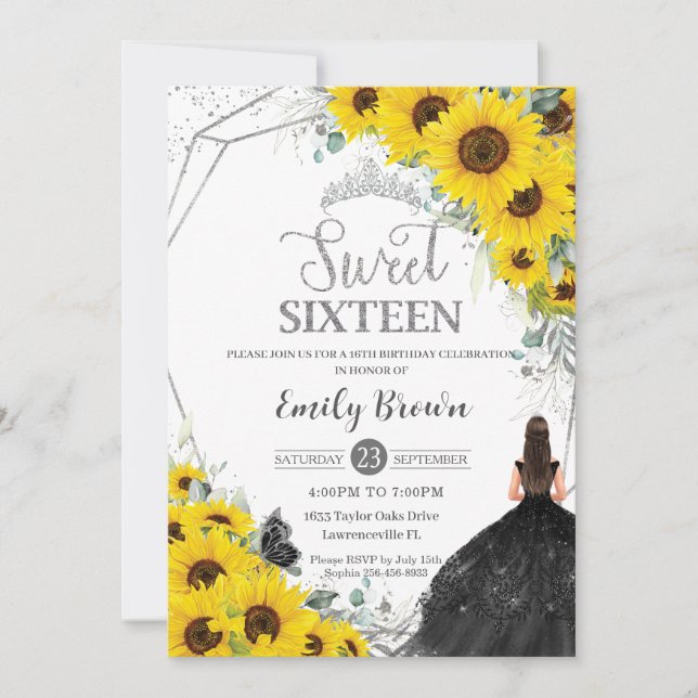Sweet 16 Sonnenblumen Blütenblume Silber Schwarzes Einladung (Vorderseite)