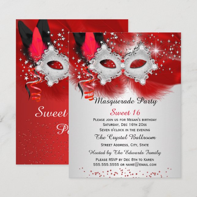 Sweet 16 Spitzenmaske Red Silver Masquerade Einladung (Vorne/Hinten)