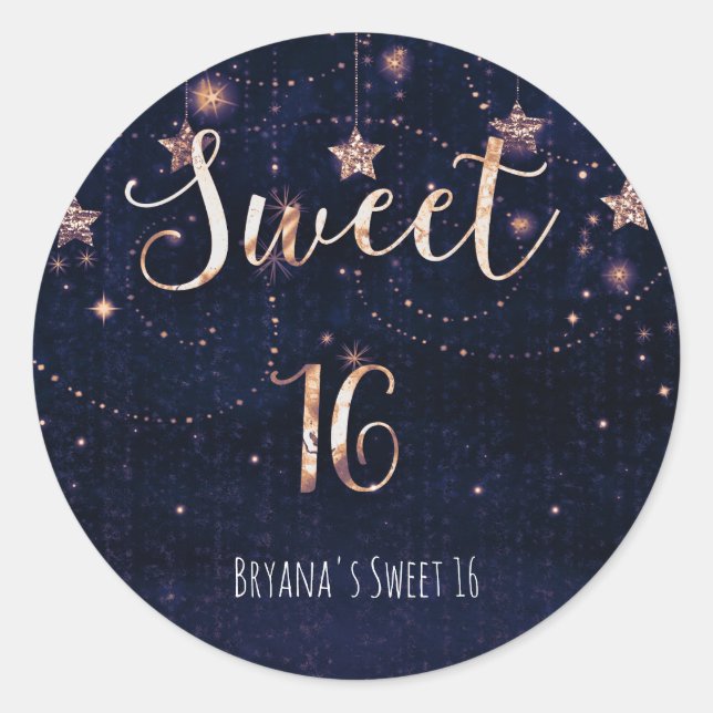 Sweet 16 Starry Night Lila Gold Celestial Gefallen Runder Aufkleber (Vorderseite)