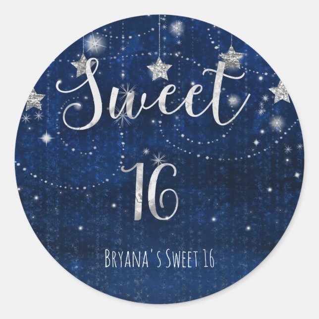 Sweet 16 Starry Night Silver Blue Celestial Gefall Runder Aufkleber (Vorderseite)