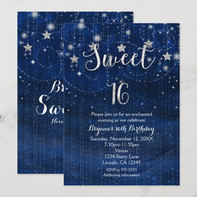 Sweet 16 Starry Night Silver & Blue Invitation (Devant / Derrière)