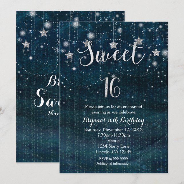 Sweet 16 Starry Night Silver & Blue Invitation (Devant / Derrière)