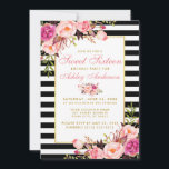 Sweet 16 Striped Floral Pink Gold Einladung<br><div class="desc">Sweet 16 Birthday Striping Pink Floral Gold Einladungskarte - Schwarze und weiße Streifen</div>