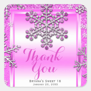 SWEET 16 Teil Rosa Glitter Glam Winter Schneeflock Quadratischer Aufkleber