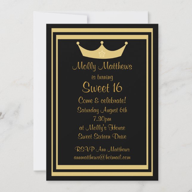 Sweet 16 Tiara Black & Gold Anpassbar Einladung (Vorderseite)