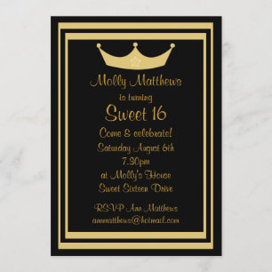 Sweet 16 Tiara Black & Gold Anpassbar Einladung