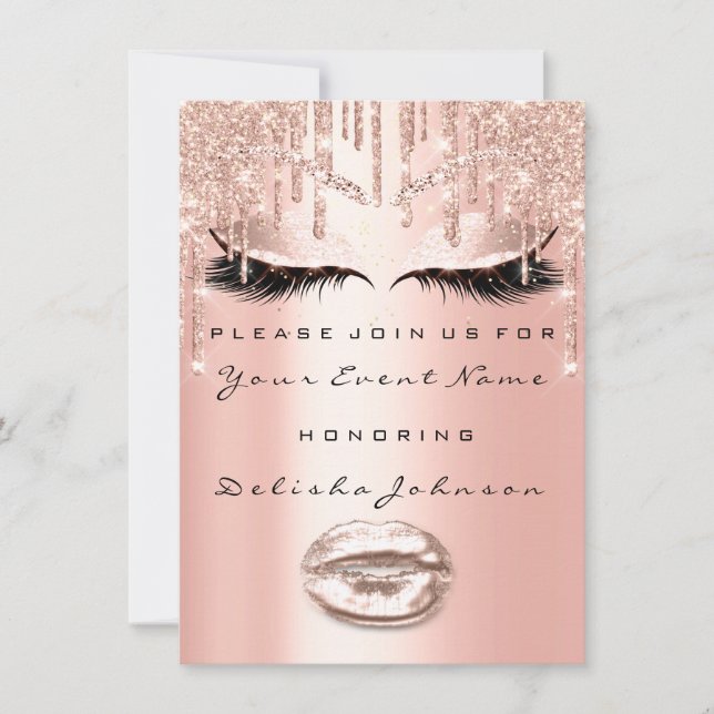 Sweet 16. Tropfen Glitzer Brautparty Makeup VIP Einladung (Vorderseite)