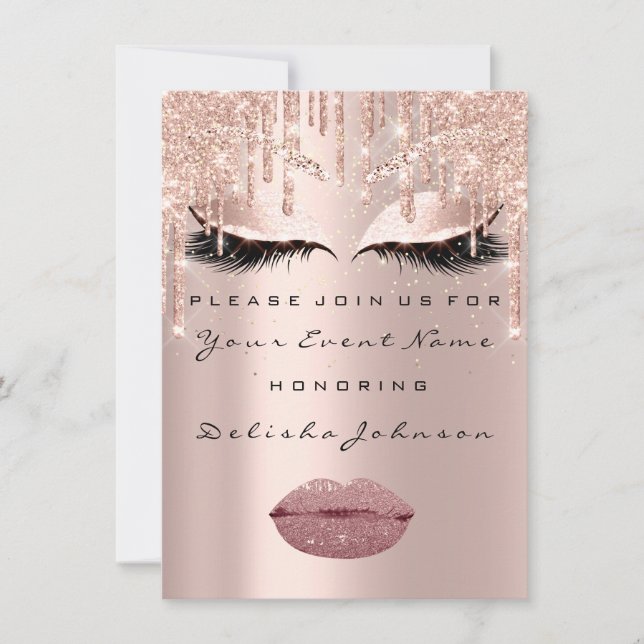Sweet 16. Tropfen Glitzer Bridal Makeup Rose Lips Einladung (Vorderseite)