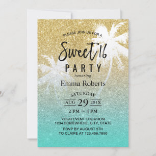 Sweet 16 Tropical Beach Palm Tree Modernes Gold Einladung