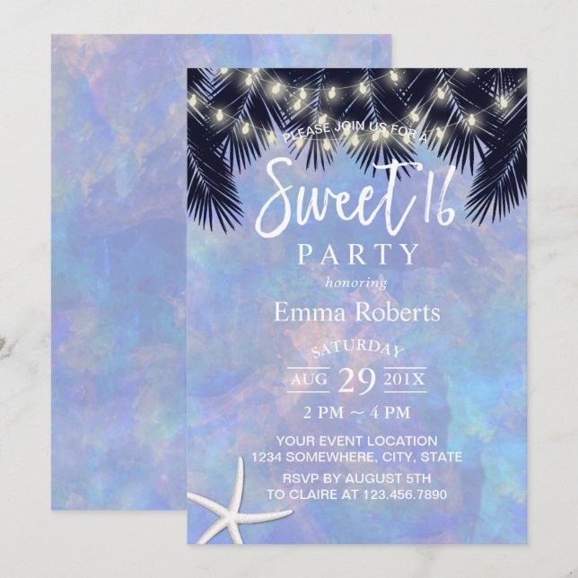 Sweet 16 Tropical Palm Tree Elegante Wasserfarbe Einladung (Vorne/Hinten)