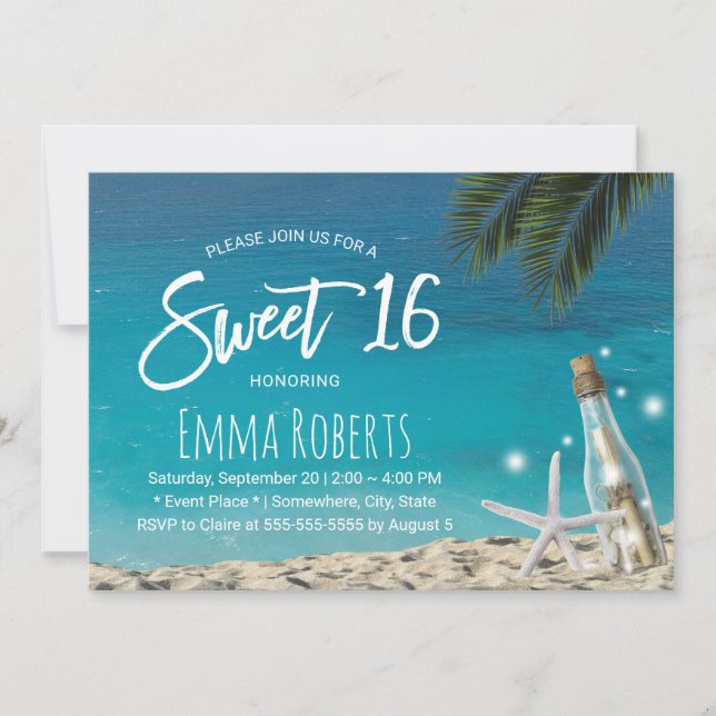 Sweet 16 Tropical Starfish Beach Message in Flasch Einladung (Vorderseite)