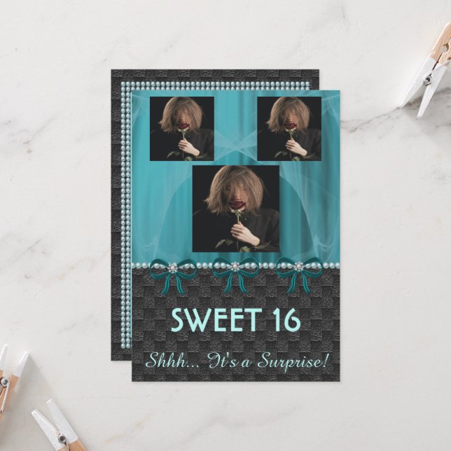 Sweet 16 Überraschendes Party Aquamarin Blue Silk  Einladung (Vorderseite/Rückseite Beispiel)