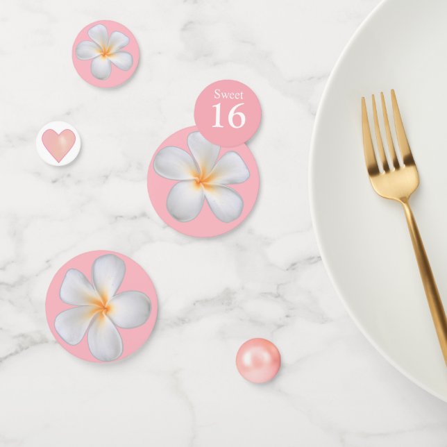 Sweet 16 und Plumeria Blume auf Light Pink Konfetti (Gruppe)