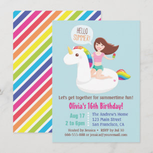 Sweet 16 Unicorn Pool Float Sommer Geburtstagspart Einladung