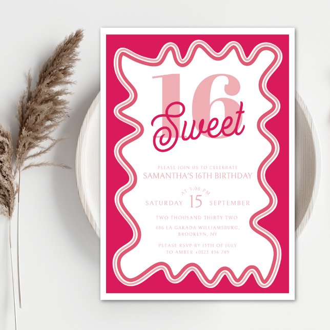 Sweet 16 Vibrant Pink Retro Wavy Sechzehnte Einladung (Von Creator hochgeladen)