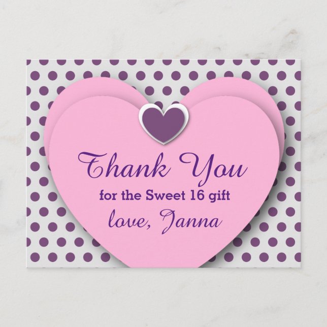 SWEET 16 Vielen Dank Herzens Lila Polka Dots B07 Postkarte (Vorderseite)