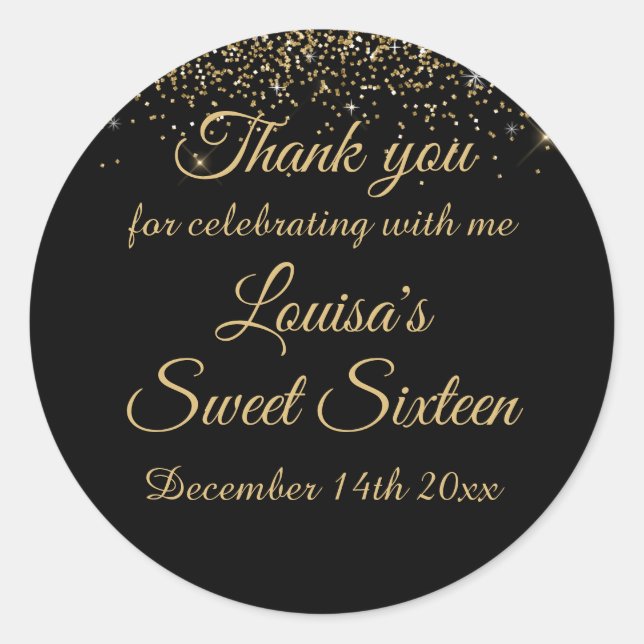 Sweet 16 Vielen Dank Stickers Black & Gold Glitzer (Vorderseite)