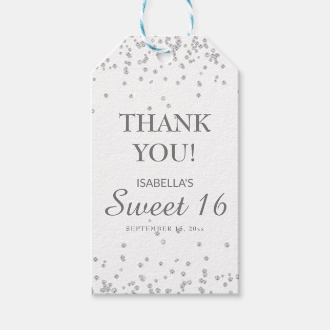 Sweet 16 Vielen Dank White Silver Glitzer Geschenk Geschenkanhänger (Vorderseite)