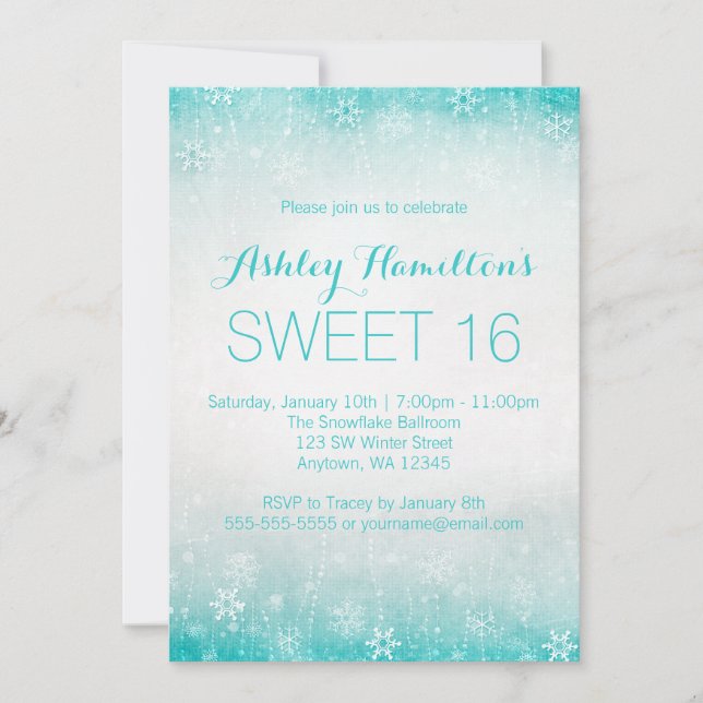 Sweet 16 Vintag Aquamarines Winterwunderland Einladung (Vorderseite)