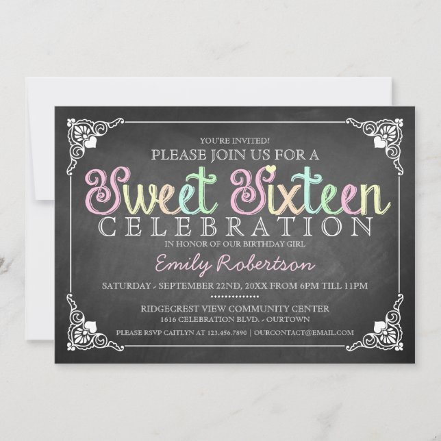 Sweet 16 Vintage Chalkboard Party Invitation (Devant)