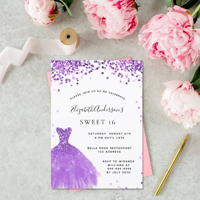 Sweet 16 violett-weißes Kleid Glitzer Einladung (Von Creator hochgeladen)