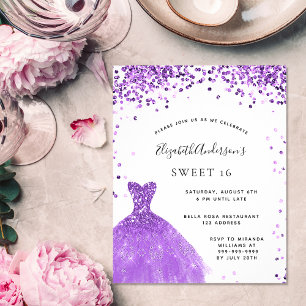 Sweet 16 violett-weißes Kleid Glitzer Einladung Postkarte