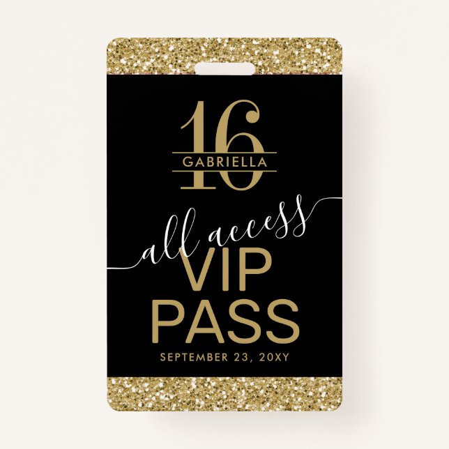 Sweet 16 VIP Access Pass Schwarz und Gold Einladun Ausweis (Vorderseite)