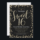 Sweet 16 Virtual Girly Black Gold Glitzer Geburtst Einladung<br><div class="desc">"Happy Sweet 16". Hier ist eine tolle Möglichkeit, Ihre Tochter noch in der Lage zu sein, ihren Meilenstein Geburtstag mit all ihren Freunden zu feiern. Senden Sie diese atemberaubende, funkelnd, mädchenhafte, festliche, moderne, personalisierte virtuelle Online-Party Einladung für eine Veranstaltung, an die Sie sich erinnern können. Gold Glitzer Skript Typografie und...</div>