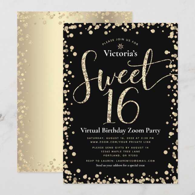Sweet 16 Virtual Girly Gold Black Glitzer Geburtst Einladung (Vorne/Hinten)